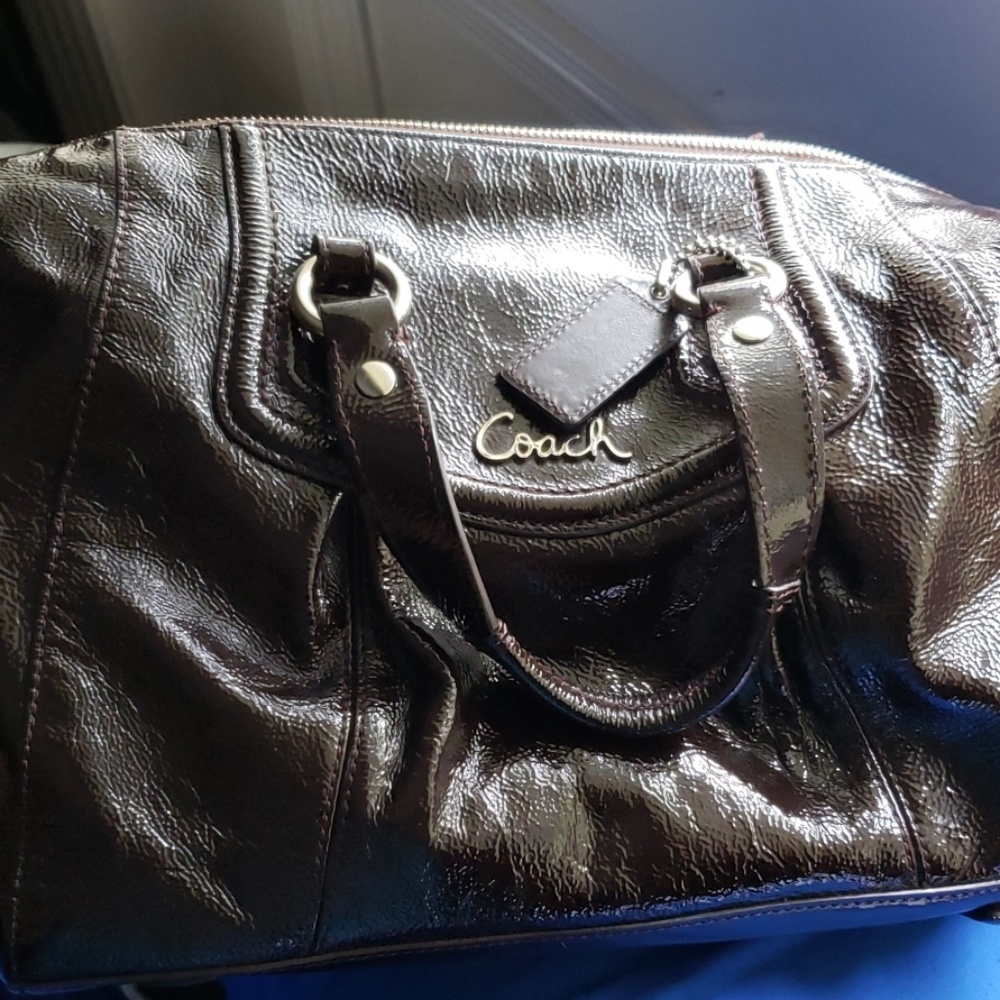 Coach ASHLEY Dark Brown Crinkle Patent Leather Sat